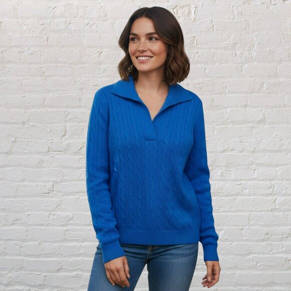 Ralph Lauren Black Label Cashmere Sweater XL Blue Cable Knit V-Neck Luxury - Picture 1 of 15